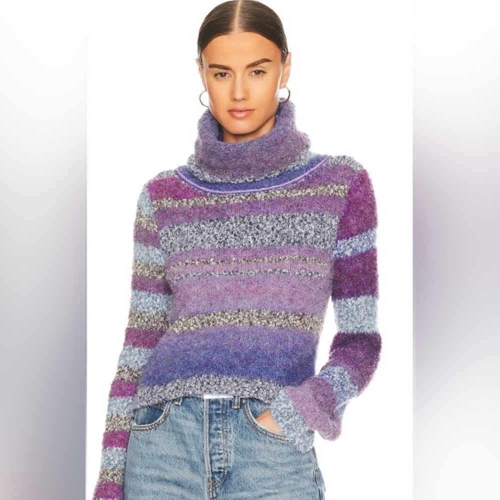 Free People Striped My Girl Turtleneck Sweater | Purple Blue Cozy Knit Boho M